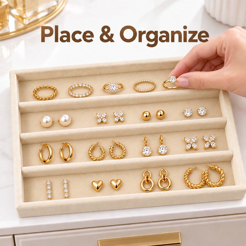 Velvet Jewelry Organizer Tray with Removable Dividers for Rings, Earrings,
