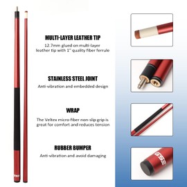 GSE 58" 2-Piece Fiberglass Graphite Composite Billiard Pool Cue Stick (Matte Red, 18oz)