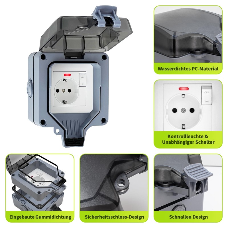 Vonsera Outdoor Socket Waterproof IP66, Outdoor Socket Waterproof with Switch