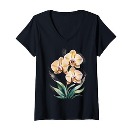Womens Yellow Orchid Flower Watercolor V-Neck T-Shirt