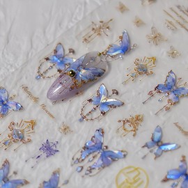 Liako 5D Butterfly Nail Art Sticker Set: 4 Sheets of Pink/Blue Butterflies, Floral Snakes, Blue Waves; self-Adhesive, Includes tweezer and Pink Bag; Perfect for Women's DIY Nail Art.