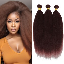 Dark Brown Yaki Straight Weave Bundles Human Hair Chocolate Brown Kinky Straight Bundles Color 4 Human Hair Double Weft Brazilian Remy Hair Extensions Soft and Silky for Black Women 14 16 18 inch