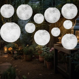 Baquler 12 Pcs Moon Lantern Paper Space Room Decorations LED Outer Space Moon Party Decorations Moon Hanging Paper Chinese Lanterns for Room Ceiling (12 Inch)