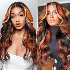 Black Ginger Blonde Highlight Wig Human Hair Lace Front Skunk Stripe Wig 13x4 Glueless Body Wave Lace Frontal Wig Pre Plucked For Women Black Highlights Honey Brown Ginger Wig 22 Inch 150% Density
