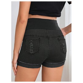 BEAUDRM Women's Maternity Adjustable High Waist Ripped Roll Up Hem Denim Mini Shorts with Pocket Solid Black X-Large