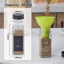 Fiwence 24 Glass Spice Jars with 576 Labels-Spice Jars with Black Metal Caps, 4oz Empty Square Spice Containers with Shaker Lids, Funnel, Pen, Seasoning Bottles for Spice Rack, Drawer, Cabinet