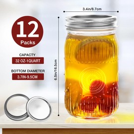 Amzcku 32oz vintage Mason Jars with Lids, Wide Mouth Quart Canning Jar, Safe For Storage, Canning, Pickling, Preserving, Fermenting, DIY Crafts & Decor 12 Pack