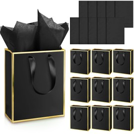 Yeaqee 10 Pack Metallic Paper Gift Bags with Handles and Tissue Paper Thank You Favor Bags for Wedding Bridal Shower Groomsmen 5 Senses Gift Bags for Him Her Birthday 9 x 7 x 3.1''(White, Black)