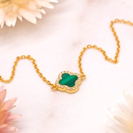 Tuscany Silver Women's Sterling Silver Yellow Gold Plated 11mm x 11mm Clover Malachite and 1mm White CZ Adjustable Bracelet 18cm/7' 20cm/8'