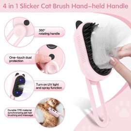 Cat Brush for Shedding, 4 in 1 Cat Steam Brush, Water Cat Brushes for Indoor Cats with UV Light & Spray, Steam Brush for Cat & Dog for Massage Clean Prevention and Remove Fur-Pink