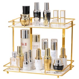 QTTCMY 2 Tier Bathroom Cabinet Countertop Organizer Perfume Lipstick Makeup Organizer Cosmetics Storage Display Rack Vanity Tray Metal Dresser Storage Shelf White Marble Ceramic Tray Golden