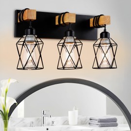 Farmhouse Bathroom Vanity Light, 3-Lights Wood Rustic Bathroom Light Fixtures Over Mirror, Black Industrial Sconces Wall Lighting with Metal Lampshade for Hallway, Living Room, Bedroom