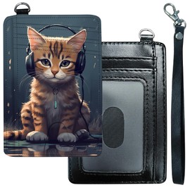 GFRGTFHYT Slim Minimalist Wallet for Men & Women [ Wrist Strap ] PU Leather RFID Blocking Front Pocket Credit Card Holder Small Wallets Card Cases with ID Window, Cat with Headphones