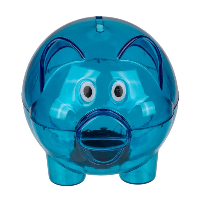 Blue Small Clear Plastic Piggy Bank 10cm x 8cm x