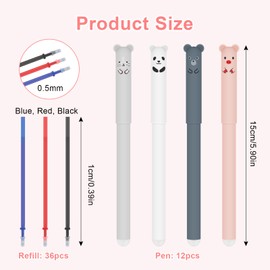 Morocket Erasable Pens Pack of 12 Cartoon Gel Ink Pen Gel Pen with 36 Refills, Erasable Ballpoint Pen, Cartoon Gel Pen Panda Gel Pen for Students Gift, School Office Supplies