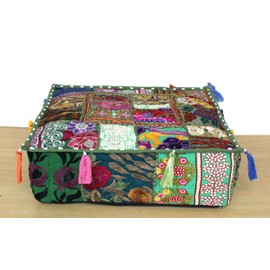 CRAFT KALA Indian Square Patchwork Traditional Pouf Cover Indian Living Room Poufs Decorative Embroidered Designer Ottoman Home Footstool Chair Cover Decor Pillow Cover 18x18x5 inches, Light Green
