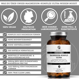 QIDOSHA QIDOSHA® Magnesium Komplex hochdosiert, 300 Kapseln im Apothekerglas, 9 Magnesium-Formen mit sich ergänzenden Wirkschwerpunkten als Magnesium-Vollspektrum, 300mg elementares Magnesium/Tagesportion
