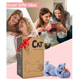 Funny Cat Sculpture with Yarn and Butterfly - Solar Garden Decoration for Balcony & Living Room | Waterproof Birthday Gift for Women, Mothers & Cat Lovers | Grey 21 cm