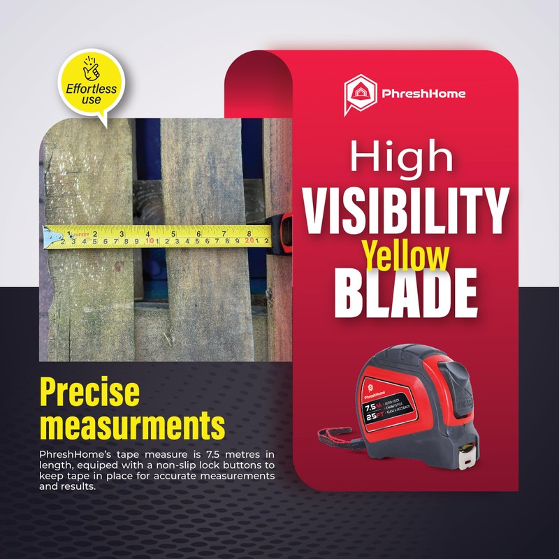 7.5m 25ft Tape Measure, Auto-Lock, Extra Wide 25mm Blade, Metal