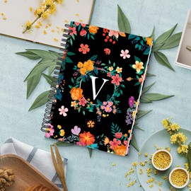 YeeCASE Hardcover Spiral Notebook Journal 5.7” x 8”, 120 Pages Journals for Women Men, A5 College Ruled Notebooks, Cute Floral Letter Spiral Journal for Writing, Work, Business, School (V-BLACK, A5)