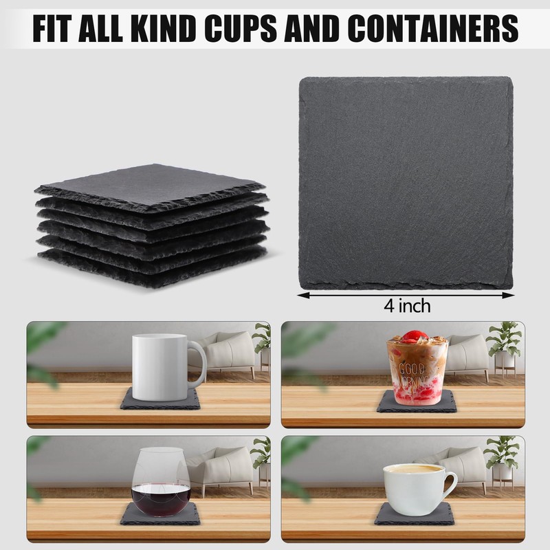 6 Pack Square Slate Drink Coasters, VIBRATITE 4 Inch Black