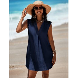 Halife Sleeveless Cover Ups for Swimwear Women V Neck Bathing Suit Cover Up Summer Swimwear Bikini Beach Cover Up Dress Navy Blue S