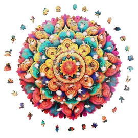Mys Aurora Wooden Puzzles,42x42cm 500 Piece Flower Mandala Jigsaw Puzzles,Unique Shape Colorful Puzzles for Kids and Adults, Wooden Puzzles Gift for Family Game and Home Decor