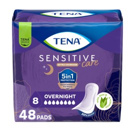 TENA Sensitive Care Extra Coverage Overnight Incontinence Pads for Women, Bladder Control and Postpartum, Aloe and Vitamin E Infused, 48 Count