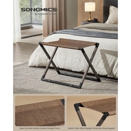 SONGMICS Luggage Rack, Foldable Suitcase Stand, Metal Luggage Holder, Synthetic Leather, Easy to Assemble, for Guest Room, Hotel, Bedroom, Walnut Brown and Ink Black URLR009K01