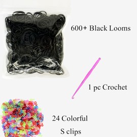 DasKid 600+ Black Loom Bands Refill Pack with Hook Tool and Colorful S Clips Art Craft Refills for DIY Bracelet Making Refill Kit (600+)