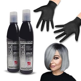 Kit Shampoo Matizador Le Black sin Sales y sin Parabenos 2 Piezas, Matizador de Canas, Platina el Cabello Rubio 250ml, Incluye par de Guantes de látex Negros ALFAMAR para Aplicación.