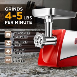 TOOGOOD #8 Electric Meat Grinder, 575 Watts, With 2 Meat Claws and Cleaning Brush, Electric Grinder Machine, Ideal for Small-Batch Home Grinding and Sausage Making (Red)