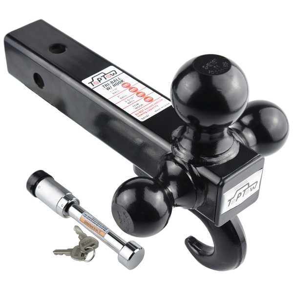 TOPTOW 64181L Trailer Receiver Hitch Triple Ball Mount with Hook, Black Balls, with Lock, Fits for 2 inch Receiver