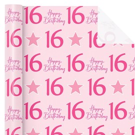 WRAPAHOLIC Girl 16th Birthday Wrapping Paper - Mini Roll - 17 Inch x 16.5 Feet - Teen Girl Pink Stars with 16 Happy Birthday Design Perfect for Party, Holiday