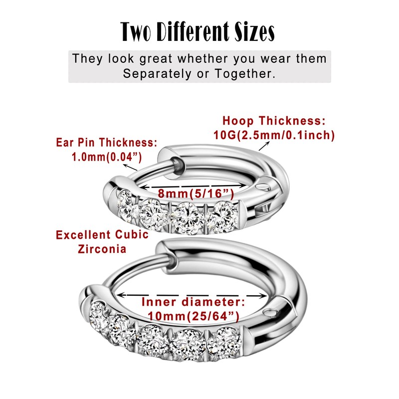 4 Silver Earrings Set Cubic Zirconia Small Hoops Stainless Steel