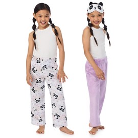 Saint Eve Kids Girls Fuzzy Pajama Pants, 2 Piece PJ Pant Set and Sleep Mask - Purple Panda, Medium
