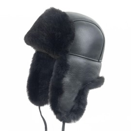 Zessano Leather Aviator Russian Ushanka Trapper Winter Fur Hat - Unisex Shearling 100% Leather Sheepskin Hats for Men Women, Black-black