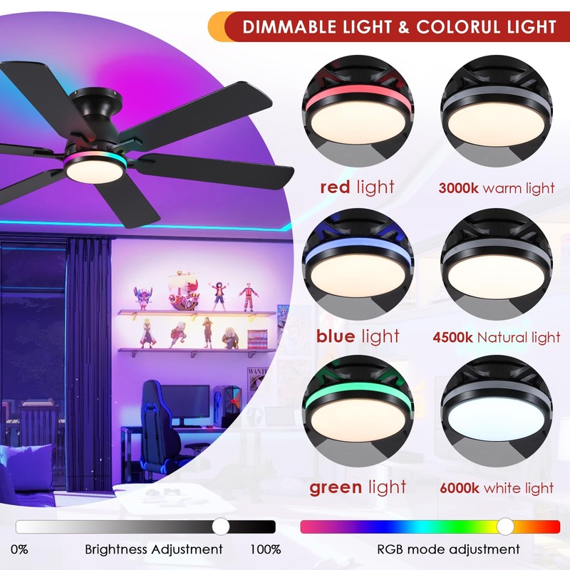 Mpayel Ceiling Fans with Lights- 52" RGB Low Profile Indoor