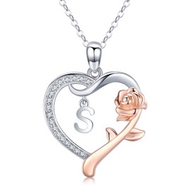 JUSTKIDSTOY S Initial Necklace 925 Sterling Silver Letter S Necklace fro Women Rose Gold Love Heart Necklace with Rose Flower Pendant Christmas Brithday Jewelry Mother's Day Gifts for Wife