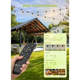 Brightown Solar String Lights Outdoor Waterproof with Remote Cable Ties and Hooks, 38FT Patio Lights with 15 LED Shatterproof Bulbs, 3 Light Modes, Dimmable Hanging Lights for Backyard Party Decor