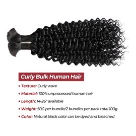 Human Braiding Hair for Boho Braids 14 Inch Curly Human Hair for Boho Braids 2 Bundles 100g Boho Hair for Braiding 100% Deep Wave Bulk Human Hair for Boho Knotless Braids (Natural color,14inch)