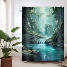 DLTAY Waterfall Shower Curtain Forest Rainforest Nature Scenic Landscape Bathroom Decor, Waterproof Cloth Fabric with Hooks, 72x72 Inch