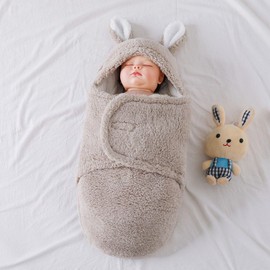 Yoolhamy Baby Swaddle Blanket Newborn Receiving Blanket with Cute Rabbit Ears Soft Plush Wrap Sleeping Bag for 0-3 3-6 Months (Beige, 3-6M)