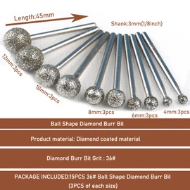 CBRIGHT Ball Shape Diamond Burr Bit,15pcs 36# Coated Course Burrs Set 1/8inch Shank Diamond Tools Set for Most Rotary Tool Grinder