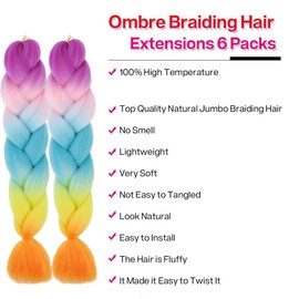 Braids Extensions, Synthetic Hair for Braiding 6 Packs Ombre Braiding Hair Kanekalon Hair Jumbo Braids Hair Braiding Hair Extensions (E8)
