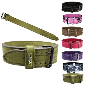 MRX Powerlifting Leather Belt 4" Wide 10mm Thickness Training Fitness Back Support Bodybuilding Belts with Steel 2 Prong Buckle Olive Green (XXL)