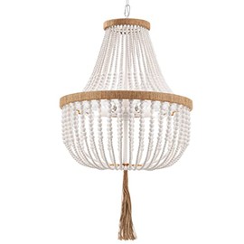 Elyccupa 4 Lights Wood Beaded Farmhouse Chandelier with Tassels Bohemia Antique Rustic Pendant Light for Bedroom Kitchen Island Dining Living Room Foyer, White, Dia 17 Inch