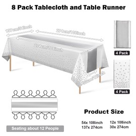8Pack Disposable Plastic Tablecloths and Satin Table Runner Set White and Silver Dot Tablecloth Silver Satin Table Runner for Wedding Birthday Baby Shower Anniversary Christmas New Year Party Supplies