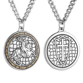 HZMAN Knights Templar Necklace for Men Stainless Steel Medieval Red Cross Round Medal Pendant Jewelry Gift (Silver Gold)