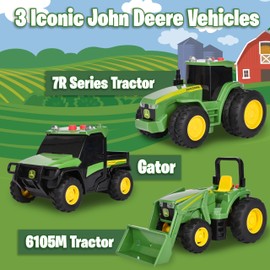 John Deere 3-Pack Set Lights and Sound Realistic 5" Farm Vehicles, 7R Series Tractor, 6105M Tractor and Gator